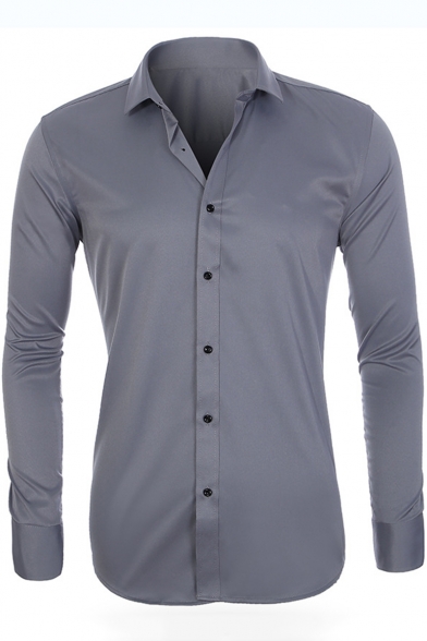 Mens Fashion Basic Simple Plain Spread Collar Long Sleeve Button-Up Wash and Wear Slim Shirt
