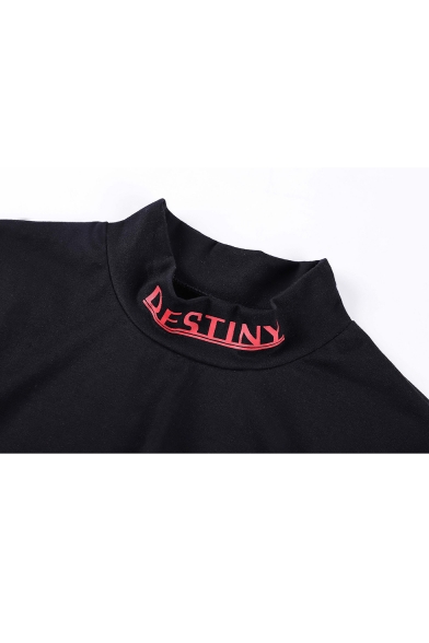 Simple Letter DESTINY High Neck Basic Short Sleeve Cropped Black T-Shirt
