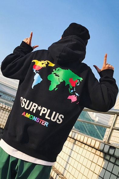 Simple Letter SSUR Plus Colorful Map Printed Guys Hip Hop Fashion Unisex Pullover Hoodie