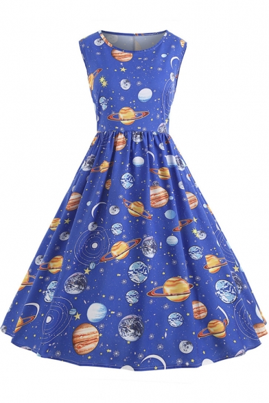 

Stylish Round Neck Sleeveless Galaxy Starry Sky Planet Printed Midi A-Line Dress, Black;blue;purple, LC509382