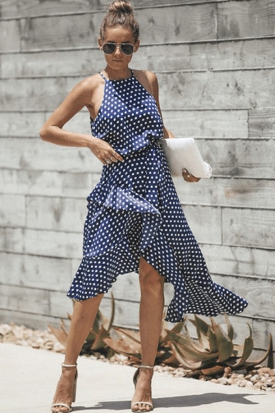 Summer Fashion Clasic Polka Dot Printed Halter Neck Womens Midi Asymmetric Dress