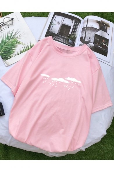 Summer Raining Print Basic Short Sleeve Round Neck Cotton T-Shirt
