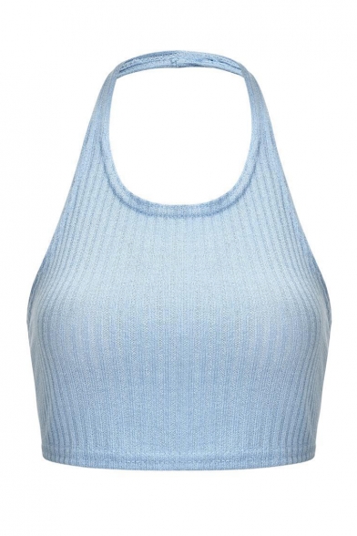 Summer Simple Plain Halter Neck Backless Bow-Tied Back Light Blue Cropped Tank Top