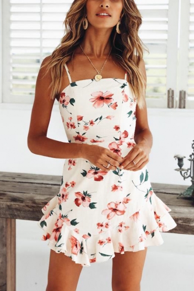 Womens Summer Stylish Floral Printed Cutout Back Ruffled Hem Mini Slip Dress