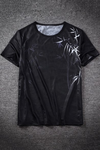Chinese Style Bamboo Crane Pattern Short Sleeve Loose Fit Black Tee