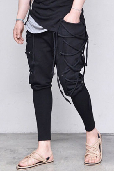 Cool Mens Simple Plain Unique Lace-Up Side Gathered Cuff Stylish Street Pants