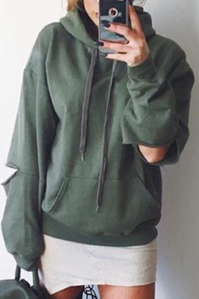 Cut Out Elbow Long Sleeve Plain Leisure Chic Hoodie
