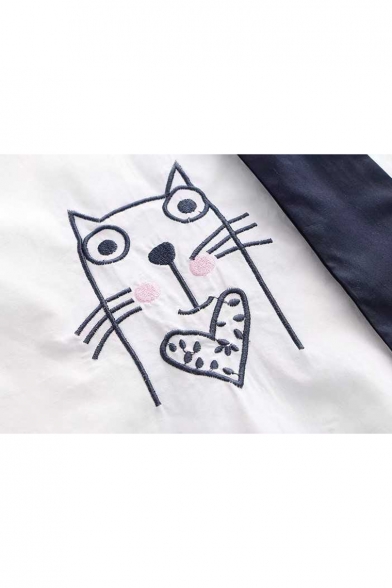 Cute Cartoon Cat Printed Tied Collar Long Sleeve Basic White Cotton Shirt