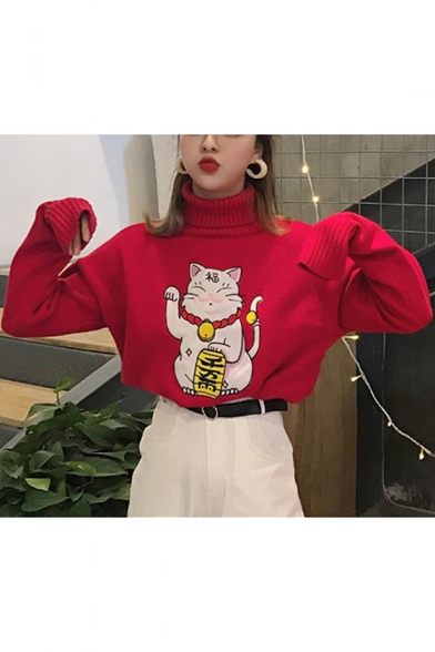 Cute Fortune Lucky Cat Cartoon Embroidery Ribbed High Neck Long Sleeves Loose Pullover Sweater