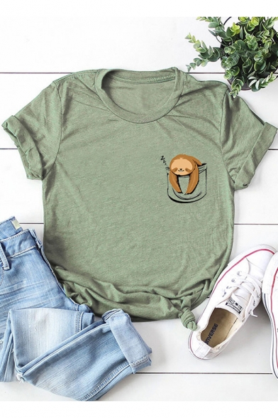 Cute Pocket Sloth Summer Basic Round Neck Short Sleeve Cotton T-Shirt