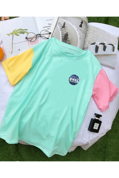Fashion NASA Logo Print Colorblock Short Sleeve Summer Relaxed T-Shirt