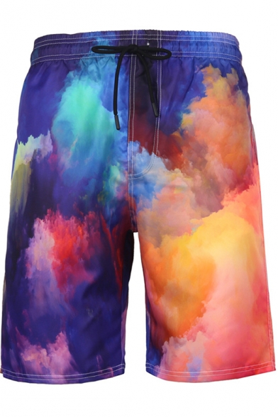 Fashion Quick Dry Tie-Dye Printed Drawstring Waist Mens Beach Relaxed Swim Shorts