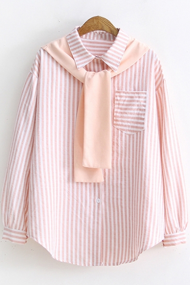 Fashion Tied Collar One Pocket Chest Casual Loose Long Sleeve Striped Button Down Shirt