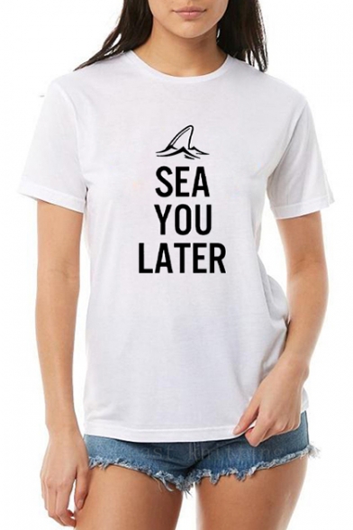 Funny Letter SEA YOU LATER Summer Round Neck Short Sleeve Basic Cotton White Tee