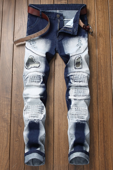 Guys Cool Patched Embroidery Retro Bleach Washed Stretch Fitted Blue and White Biker Jeans
