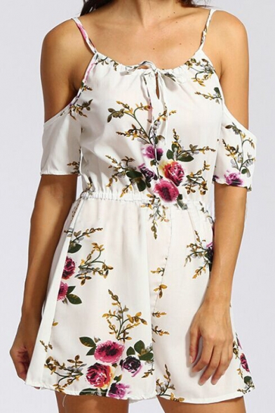 Holiday Sexy Off the Shoulder Lace-Up Front Short Sleeve Fashion Floral Printed Beach Rompers
