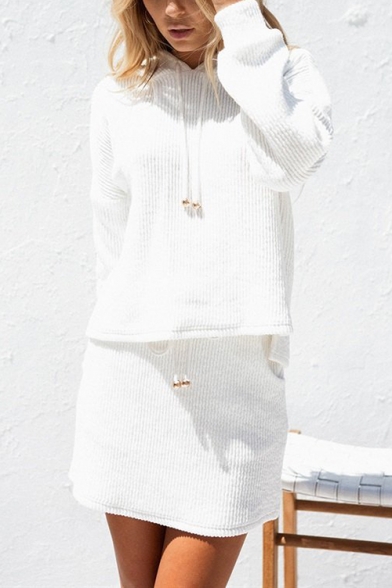 Hot Fashion White Drawstring Hoodie Mini Skirt Simple Plain Two-Piece Set