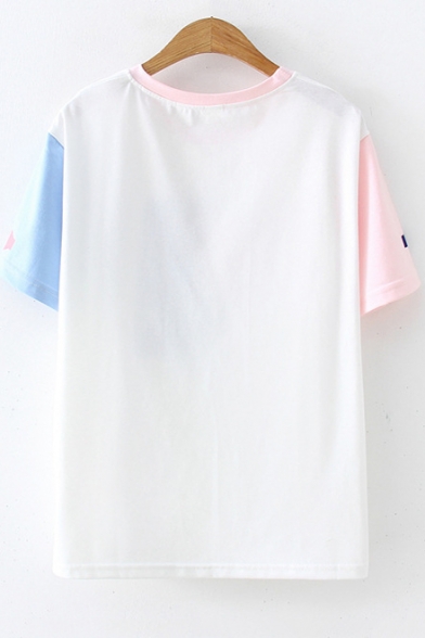 Letter SUGAR Cat Print Colorblocked Short Sleeve Round Neck Loose T-Shirt