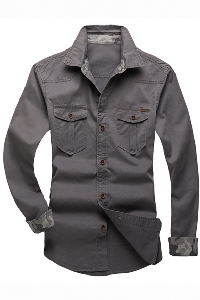 Men's New Fashion Long Sleeve Fitted Button Down Cotton Military Shirt