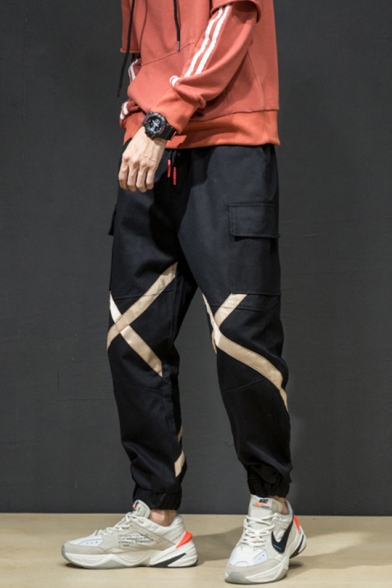 Mens Drawstring Waist Fashion Tape Patched Casual Loose Cotton Cargo Pants