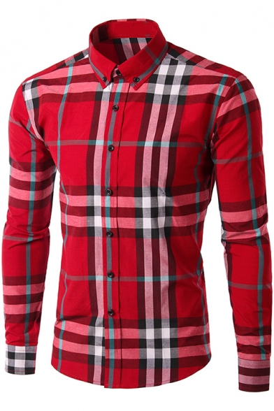 Mens Hot Fashion Check Printed Long Sleeve Fitted Button-Down Shirt