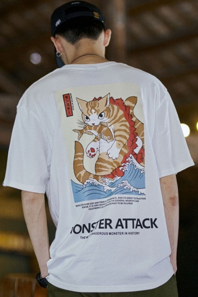 MONSTER ATTACK Letter Cat Print Summer Hip Hop Style Loose Leisure T-Shirt