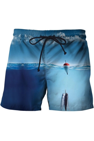 New Fashion 3D Fish Printed Drawstring Waist Mens Summer Beach Swim Trunks