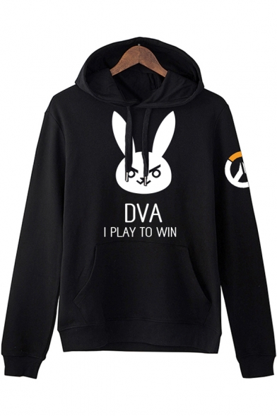 Overwatch Game Logo Popular Letter DVA I PLAY TO WIN Print Basic Long Sleeve Black Hoodie