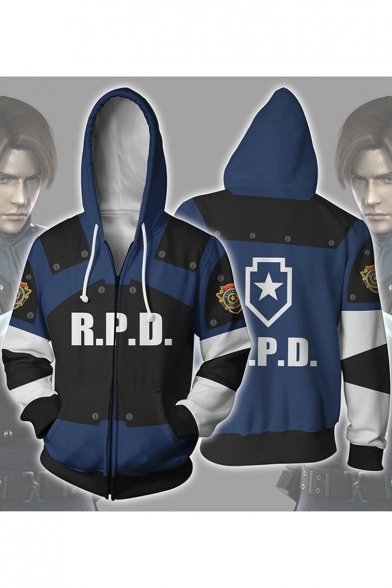 Resident Evil 3D Letter R P D Logo Print Comic Cosplay Costume Long Sleeve Blue Zip Up Hoodie