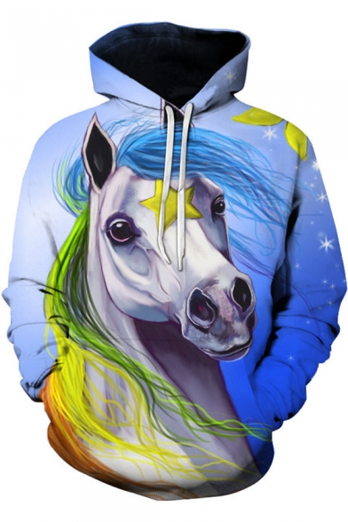 Snowflake White Horse 3D Printed Relaxed Fit Blue Hoodie