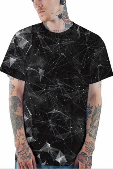 Stylish 3D Geometric Line Printed Basic Short Sleeve Casual Black T-Shirt