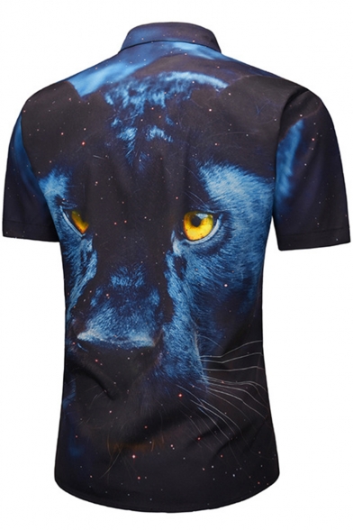 Summer Cool Leopard Printed Men Street Fashion Short Sleeve Blue Shirt