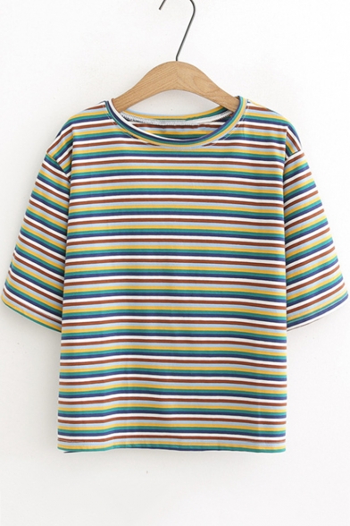 Summer Simple Stripe Printed Round Neck Short Sleeve Loose Fit T-Shirt