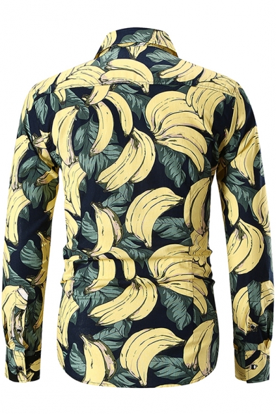 Summer Tropical Banana Pattern Mens Casual Long Sleeve Button-Up Shirt