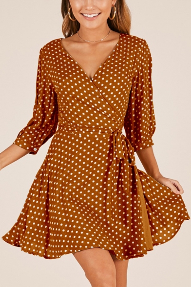 Vintage 3/4 Length Sleeve Polka Dot Printed V Neck Mini Wrap Dress