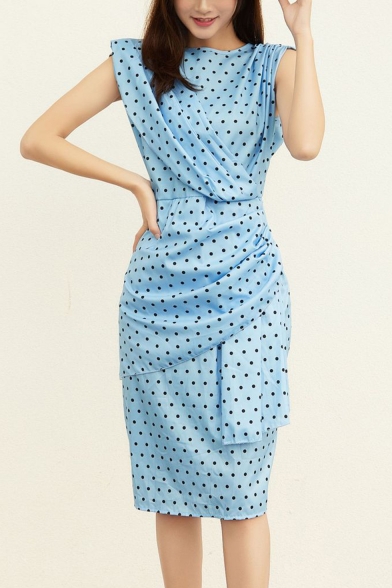 Women's Vintage Polka-Dot Print Round Neck Sleeveless Ruched Detail Midi Sheath Dress