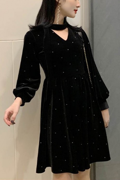 Womens Chic V-Neck Long Sleeve Thick Velvet Midi A-Line Black Dress
