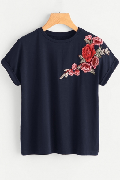 Chic Floral Embroidered Short Sleeve Round Neck Loose T-Shirt