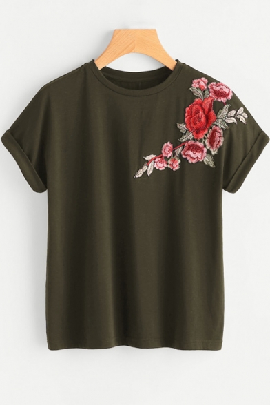 Chic Floral Embroidered Short Sleeve Round Neck Loose T-Shirt