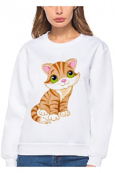 Cute Cartoon Cat Pattern Crew Neck Long Sleeve White Loose Fit Sweatshirt