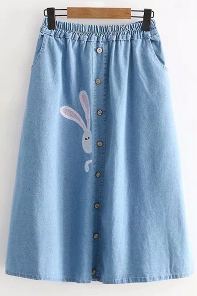Cute Cartoon Rabbit Embroidery Elastic Waist Button-Down Midi A-Line Denim Skirt