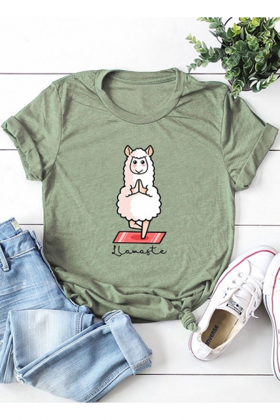 Cute Cartoon Yoga Sheep Pattern Simple Short Sleeve Cotton T-Shirt