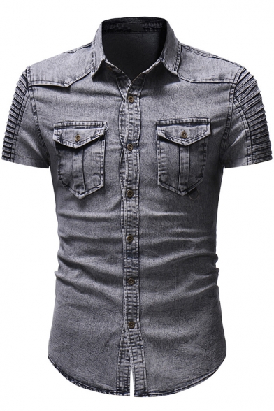 Guys Cool Stylish Pleated Short Sleeve Double-Pocket Front Slim Button-Up Work Shirt Denim Shirt