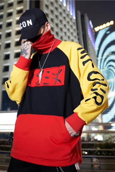 Hip Hop Style Fashion Colorblock Letter Fire Skull Printed Turtleneck Long Sleeve Loose Relaxed Sweatshirt