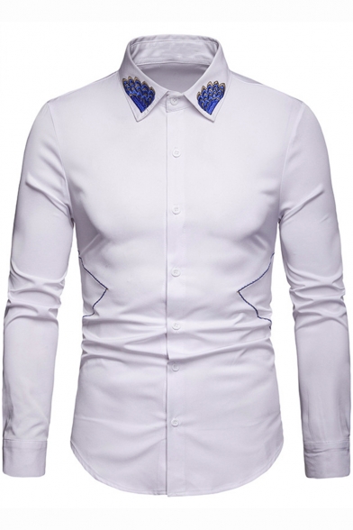 Hot Fashion Floral Embroidered Collar Long Sleeve Button-Down Slim Business Shirt for Men