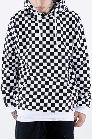 Hot Stylish Black and White Checkboard Printed Long Sleeve Loose Fit Cotton Hoodie