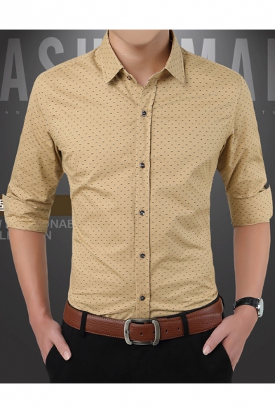 Mens Fashion Allover Polka-Dot Printed Long Sleeve Wrinkle-Free Fitted Button-Up Formal Shirt