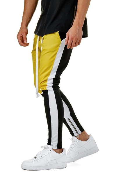 Mens Hip Hop Style Drawstring Waist Fashion Colorblocked Sporty Skinny Yellow and Black Pencil Pants