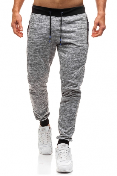 Mens Trendy Heather Color Drawstring Waist Zip Pocket Breathable Quick-Dry Fitness Sweatpants