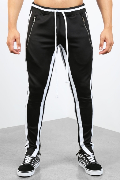 Mens Trendy Zip-Pocket Drawstring Waist Stripe Side Sport Fitness Track Pants